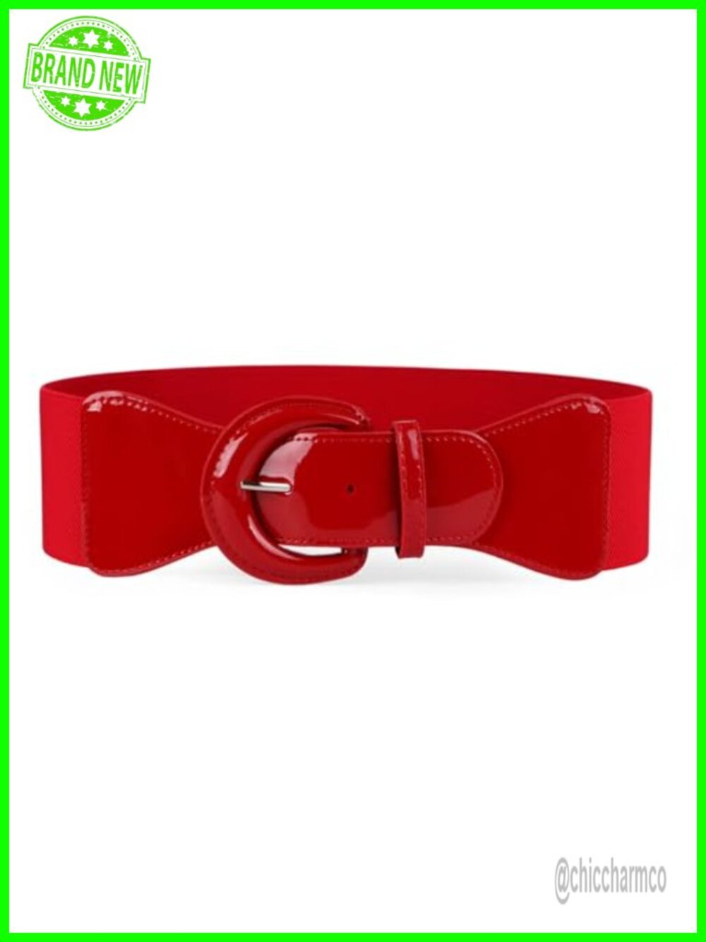 Women Wide Elastic Belt Vintage Chunky Buckle Patent Leather